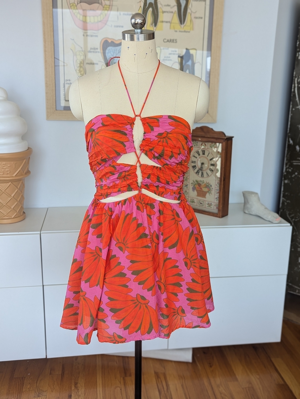FARM Rio Copacabana Ruched Cutout Halter Neck Cotton Minidress in XL